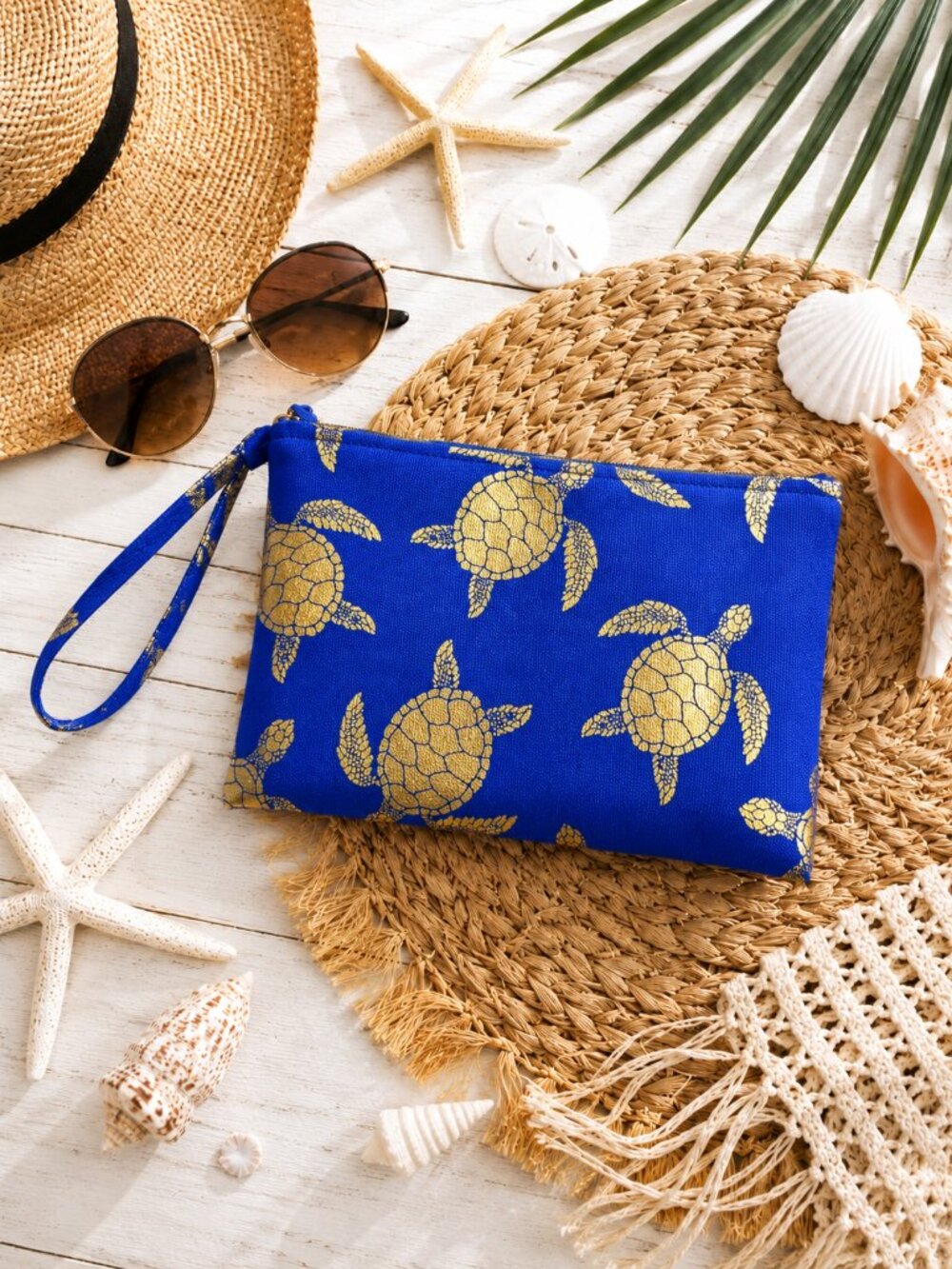 Sea Turtle Wristlet Pouch Royal Blue Gold Metallic Beach Cosmetic Travel Clutch